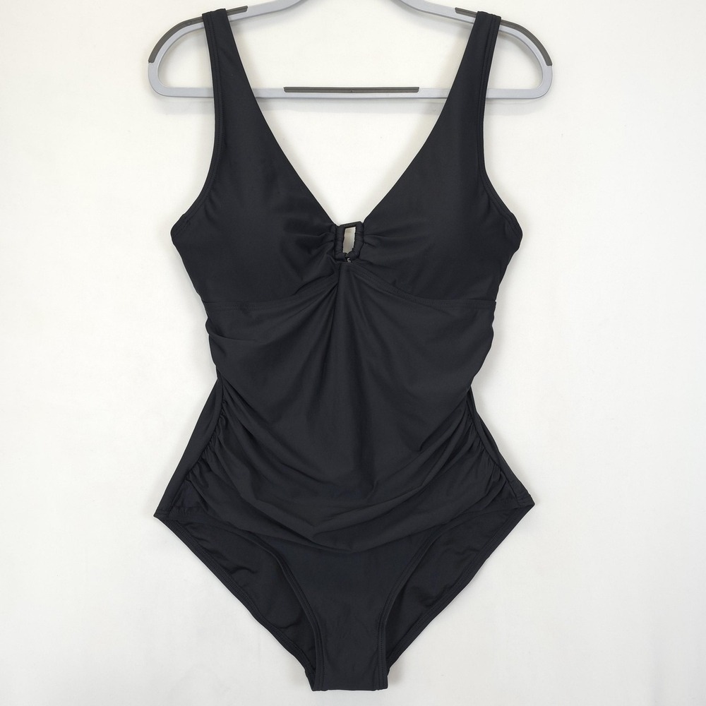 DKNY One Piece Swimsuit Womens Large Black Adjustable Straps Ruched Underwire